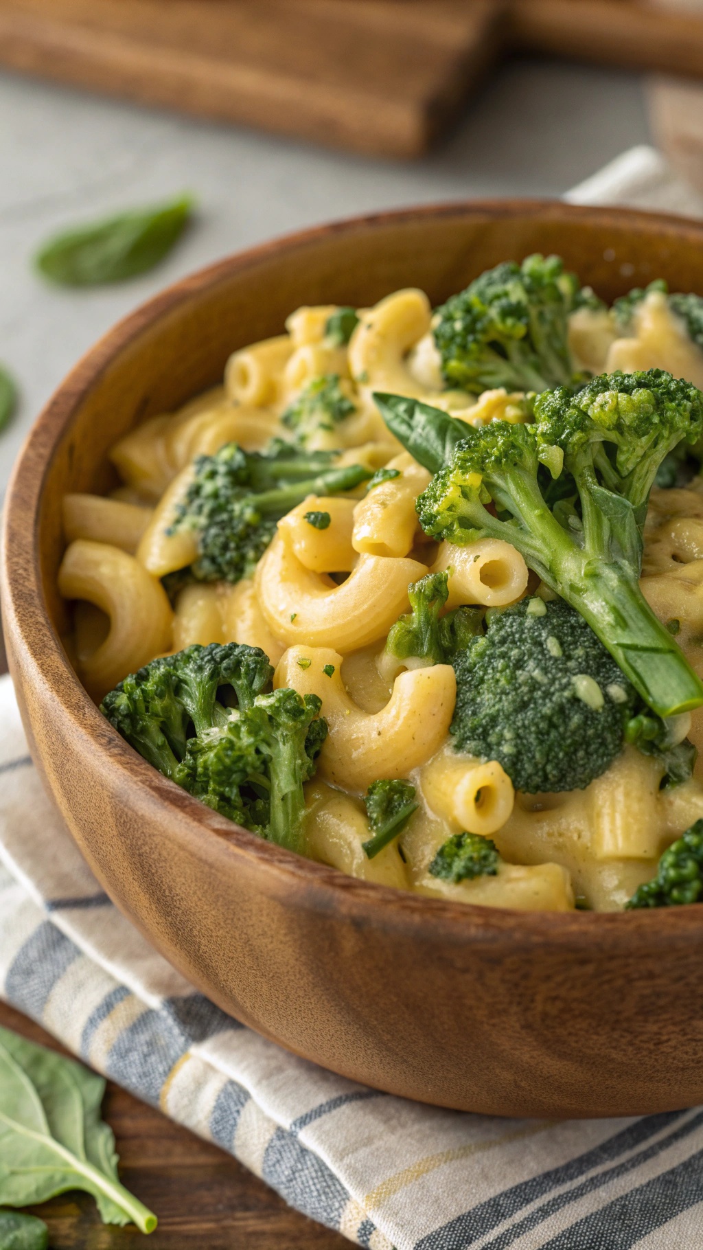 A bowl of creamy spinach and broccoli mac and cheese, featuring elbow macaroni, broccoli florets, and fresh spinach.