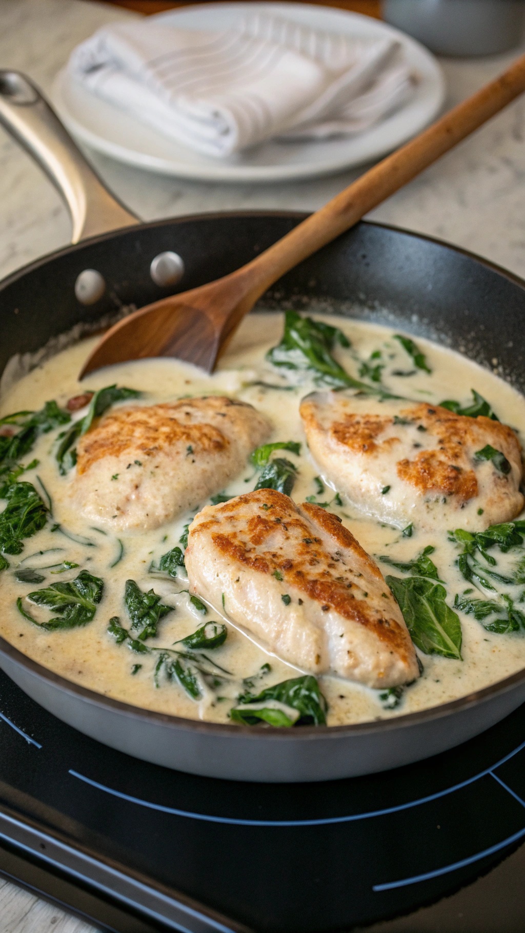 Creamy spinach and chicken skillet with chicken breasts and spinach in a creamy sauce.