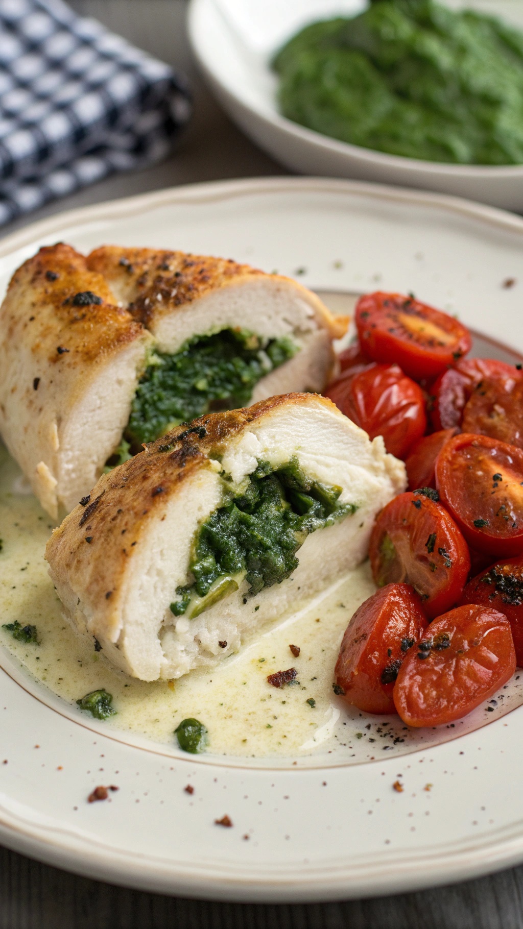 Creamy spinach and feta stuffed chicken with cherry tomatoes on the side