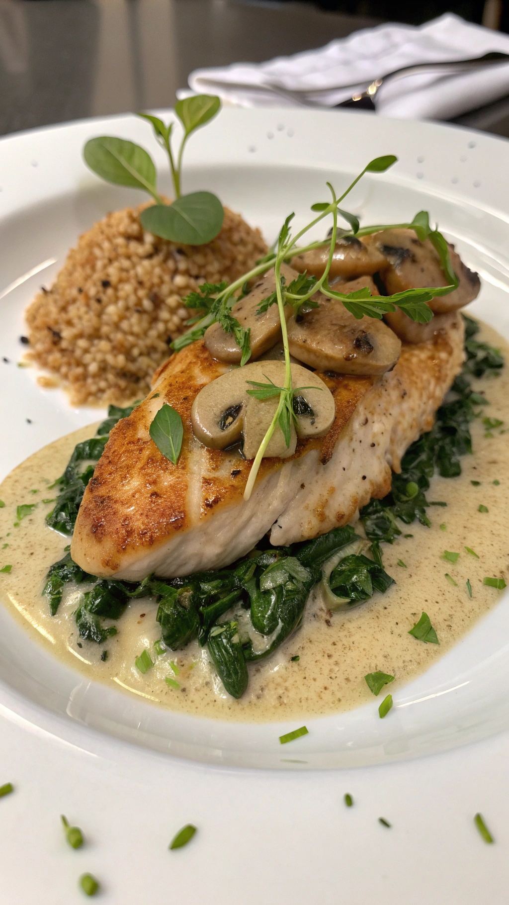 A plate of creamy spinach and mushroom chicken served with couscous.