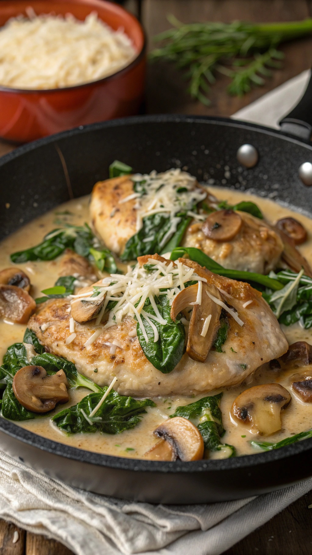 Creamy spinach and mushroom chicken in a skillet with grated cheese on top.