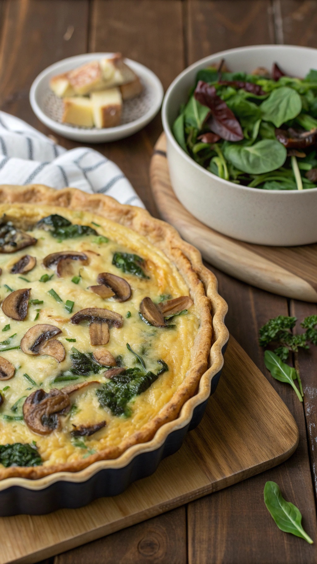 A creamy spinach and mushroom quiche casserole served with a fresh salad.