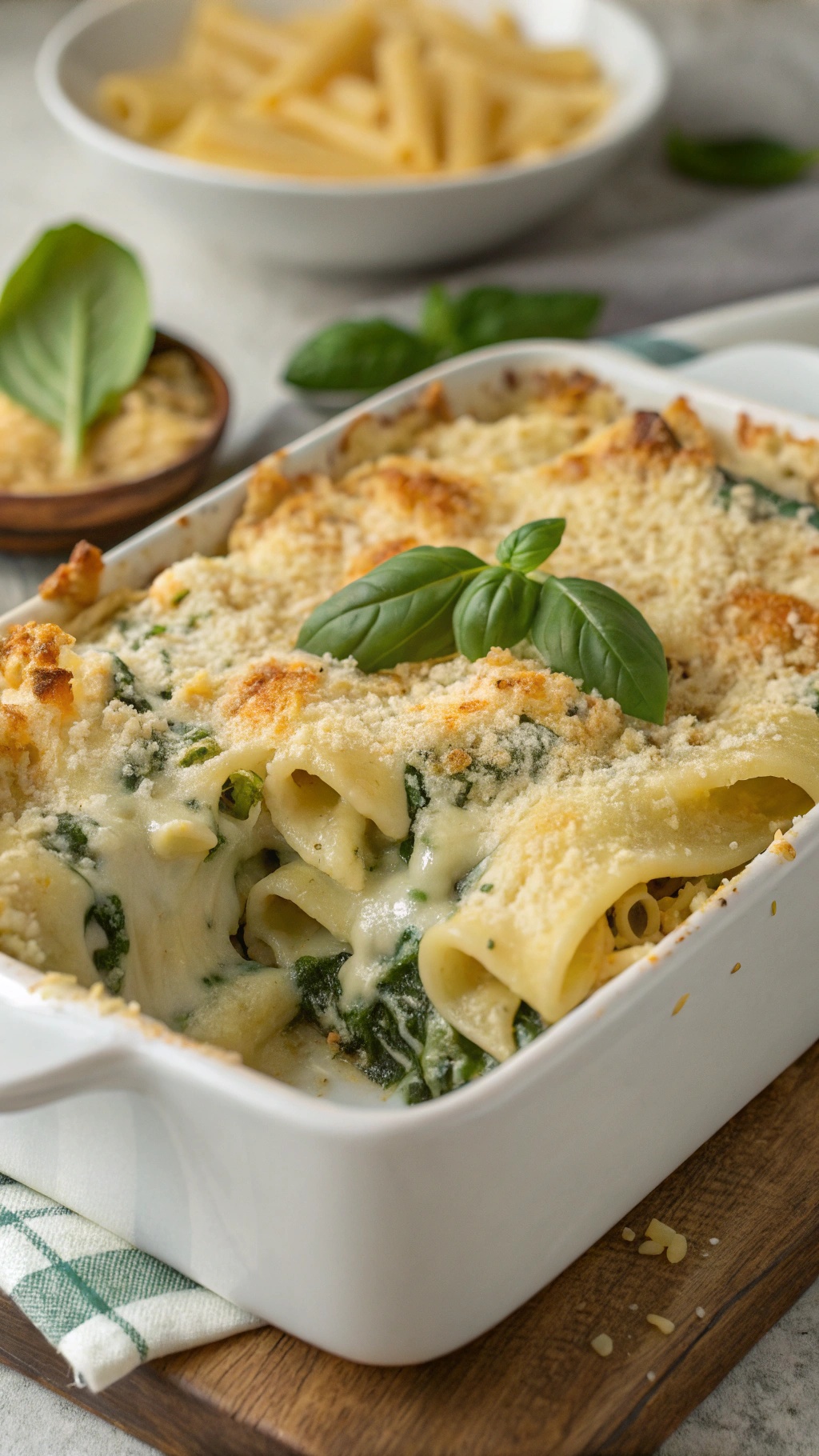 Creamy spinach and ricotta pasta bake in a white dish topped with breadcrumbs and fresh basil.