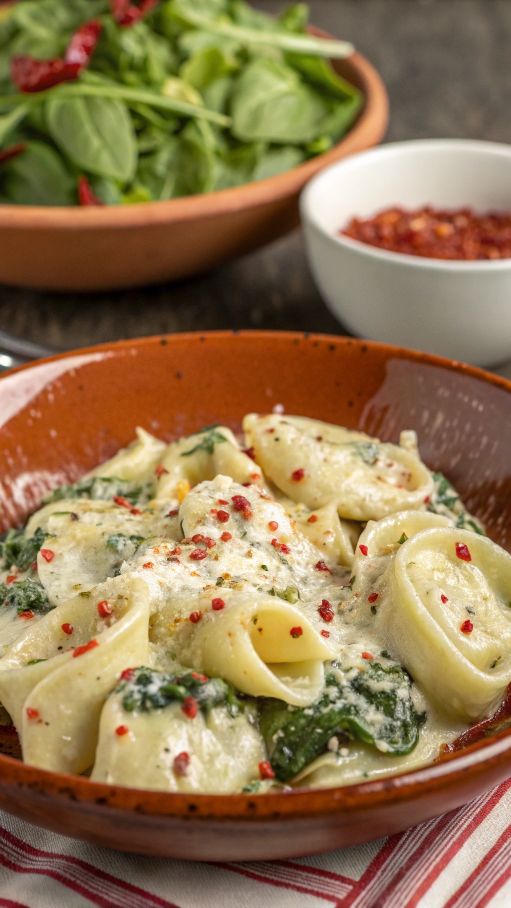 A bowl of creamy spinach and ricotta pasta garnished with red pepper flakes, alongside a fresh salad.