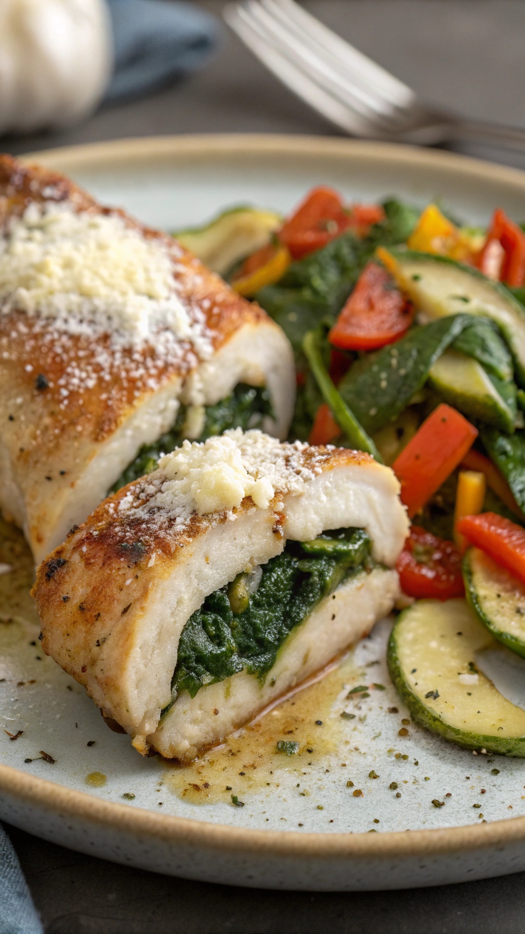 Creamy spinach stuffed chicken breasts served with sautéed vegetables.