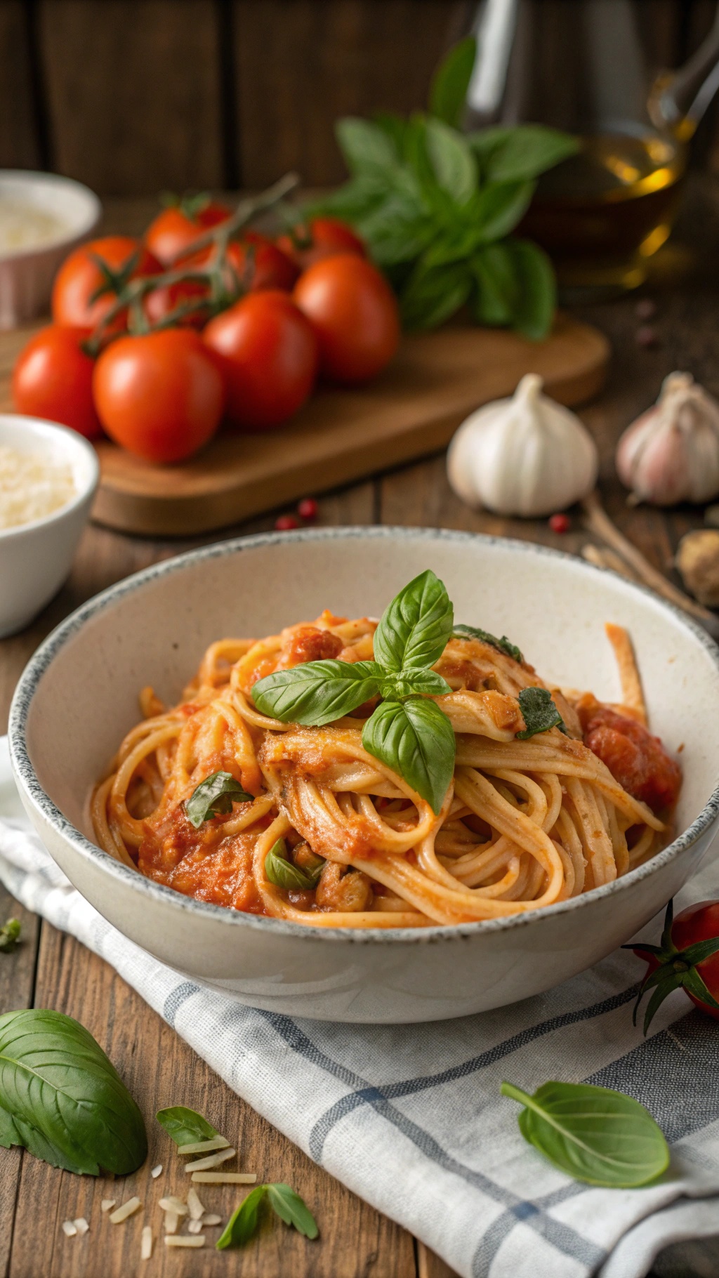 A bowl of creamy tomato basil pasta garnished with fresh basil, surrounded by tomatoes and garlic.