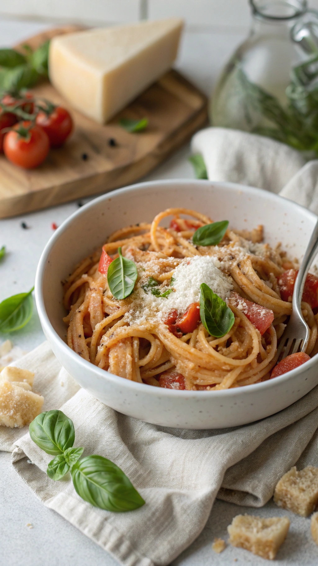 A bowl of creamy tomato basil pasta topped with fresh basil and Parmesan cheese.