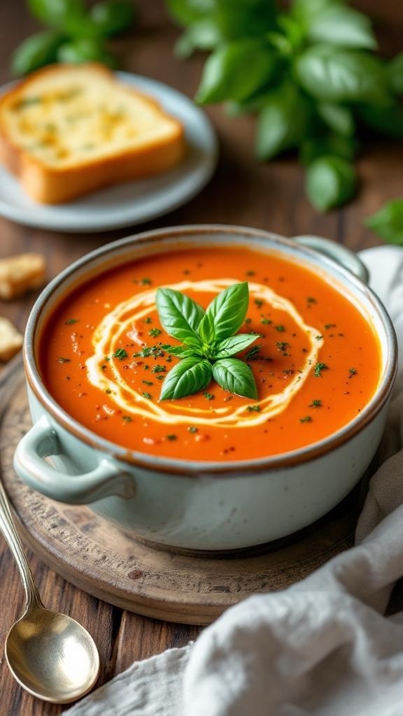 A bowl of creamy tomato basil soup garnished with basil leaves, served with a slice of garlic bread.