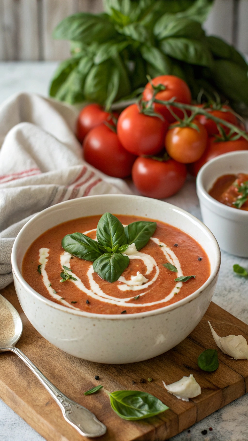 A bowl of creamy tomato basil vegetable soup garnished with basil leaves and a swirl of cream, with fresh tomatoes and basil in the background.