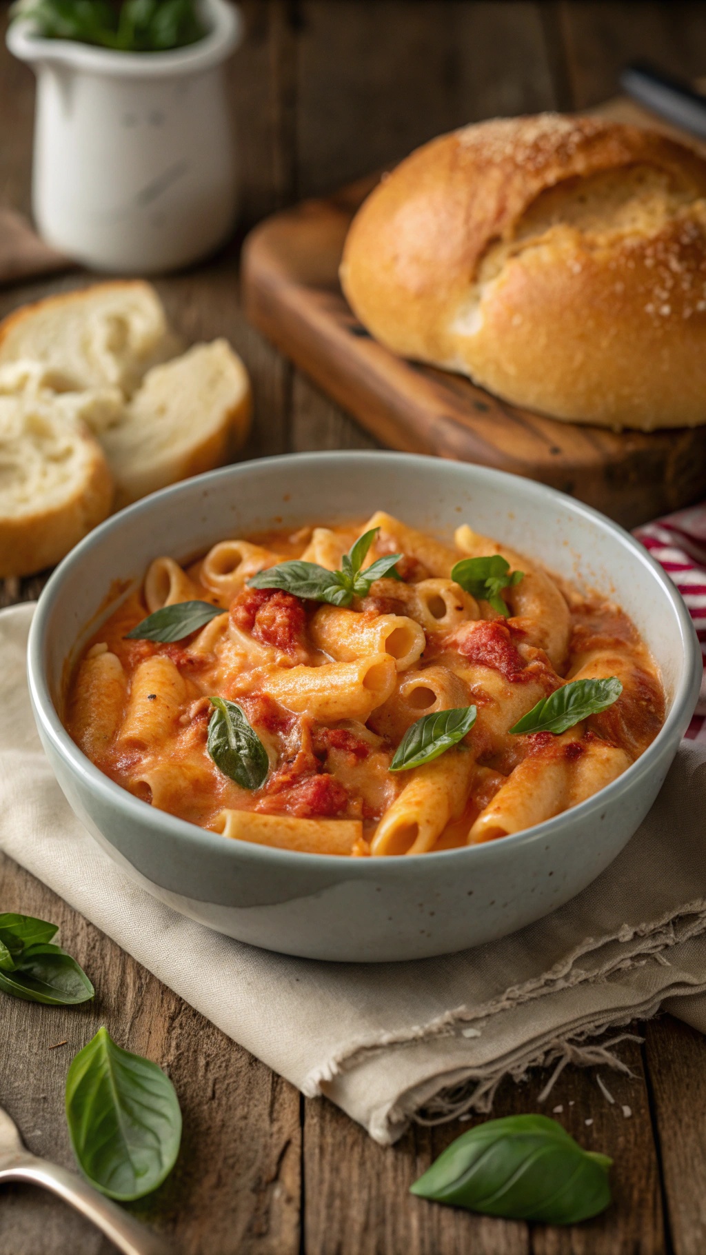A bowl of creamy tomato mac and cheese topped with fresh basil leaves, with a loaf of bread in the background.