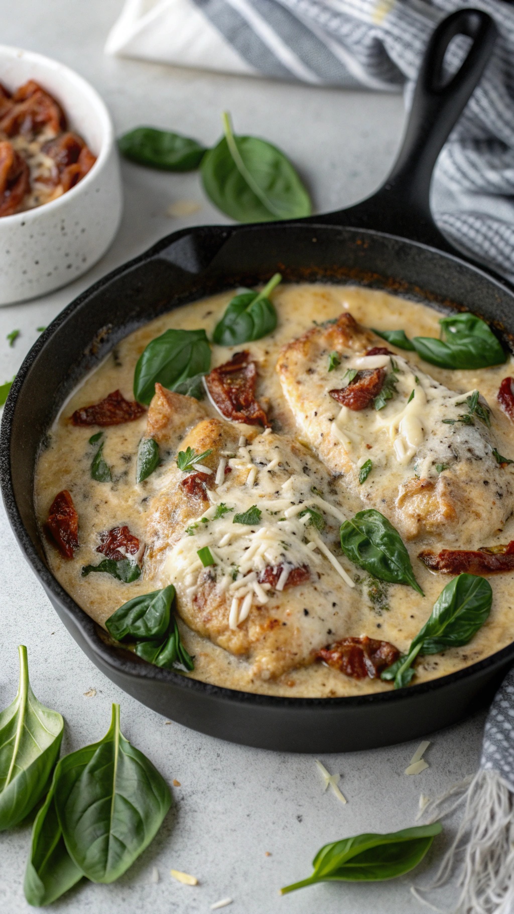 Creamy Tuscan Chicken Skillet with spinach and sun-dried tomatoes in a cast iron skillet.