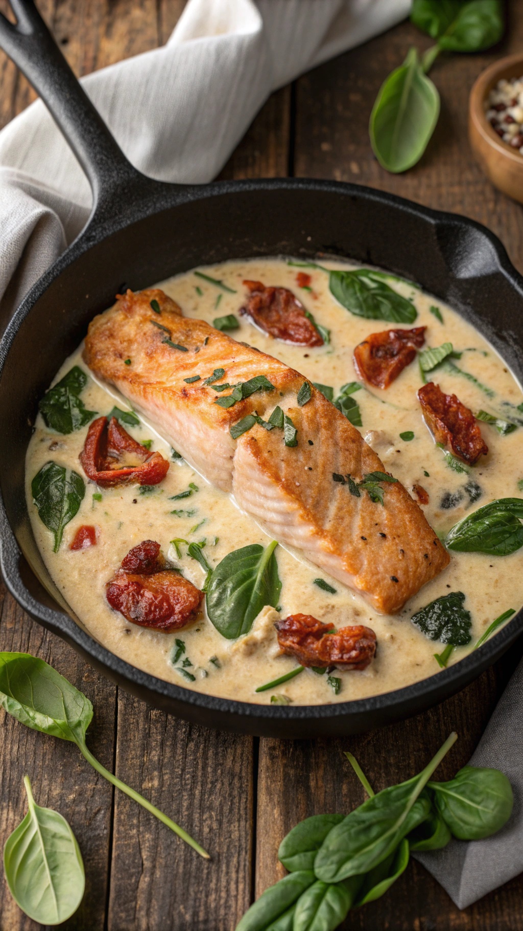 Creamy Tuscan Salmon in a skillet with spinach and sun-dried tomatoes