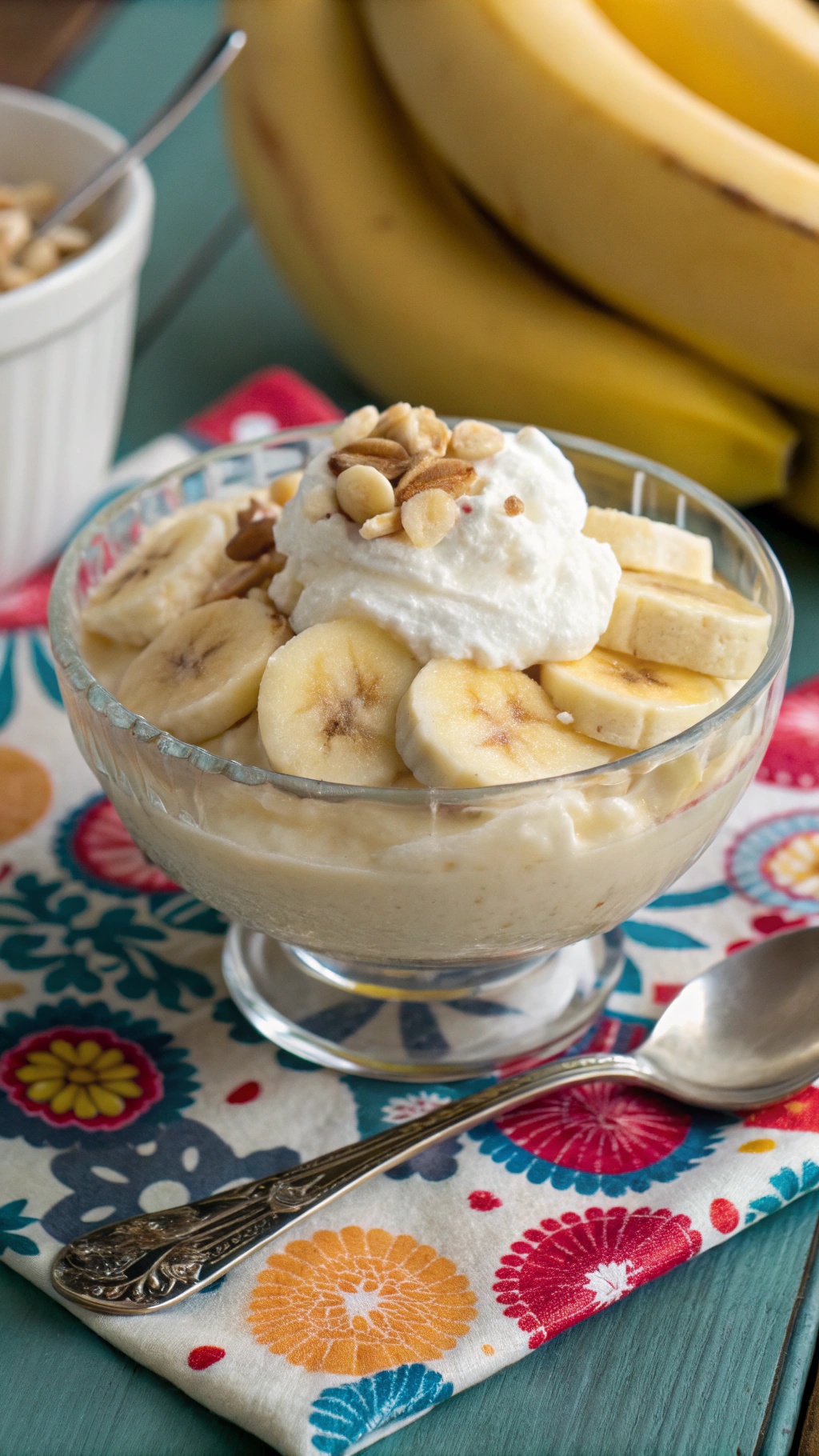 Creamy vegan banana pudding in a glass bowl topped with banana slices and whipped cream.