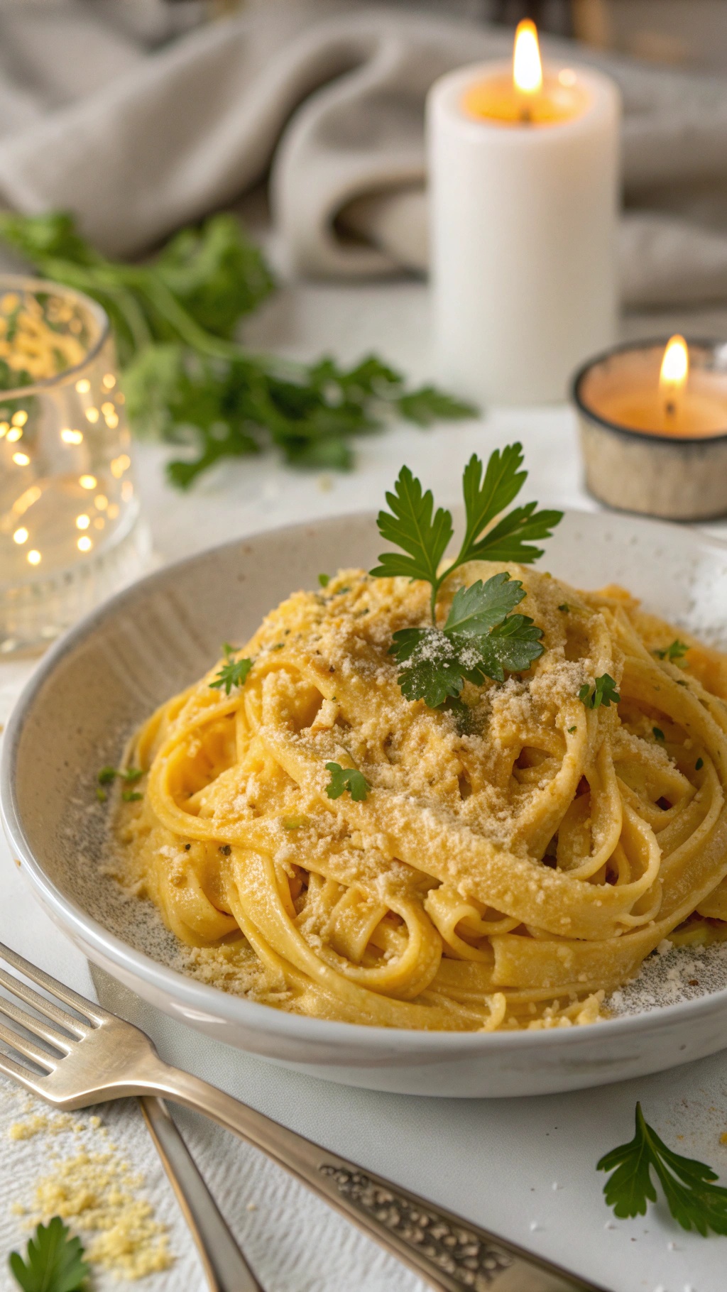A bowl of creamy vegan pumpkin Alfredo pasta topped with parsley and vegan cheese, set on a table with candles and greenery.