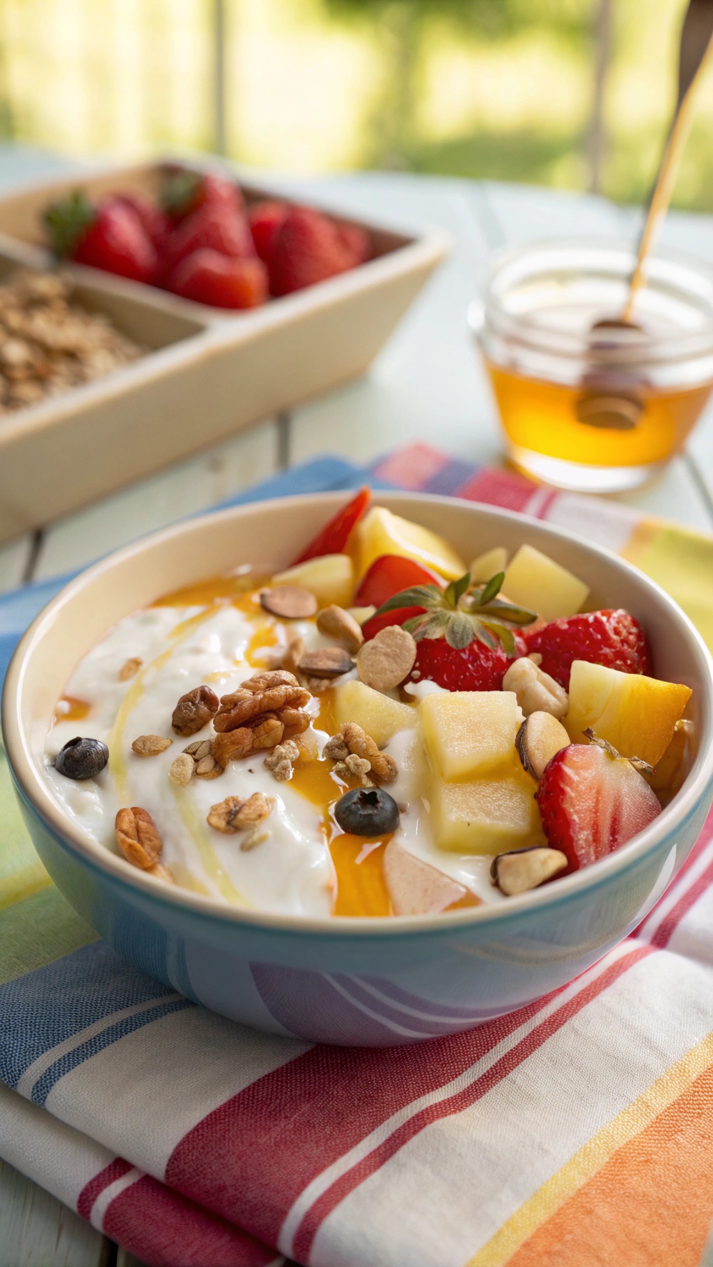 A bowl of creamy yogurt topped with fresh fruits, nuts, and honey.