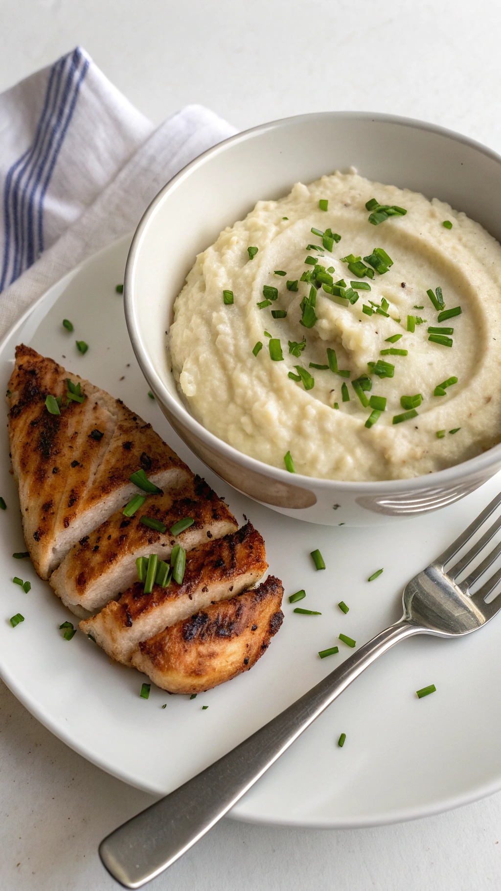 A bowl of creamy cauliflower mash topped with chives, served with grilled chicken on a plate.