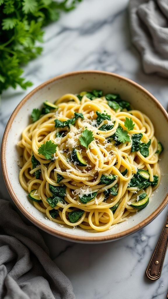 A bowl of creamy zucchini and spinach pasta garnished with parsley.