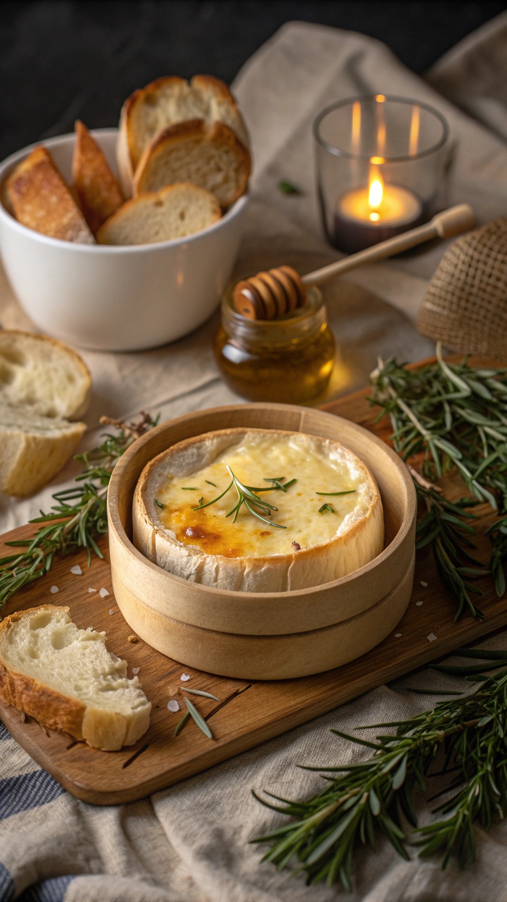 A cozy setup featuring baked camembert cheese with bread, honey, and rosemary, creating a romantic dinner atmosphere.