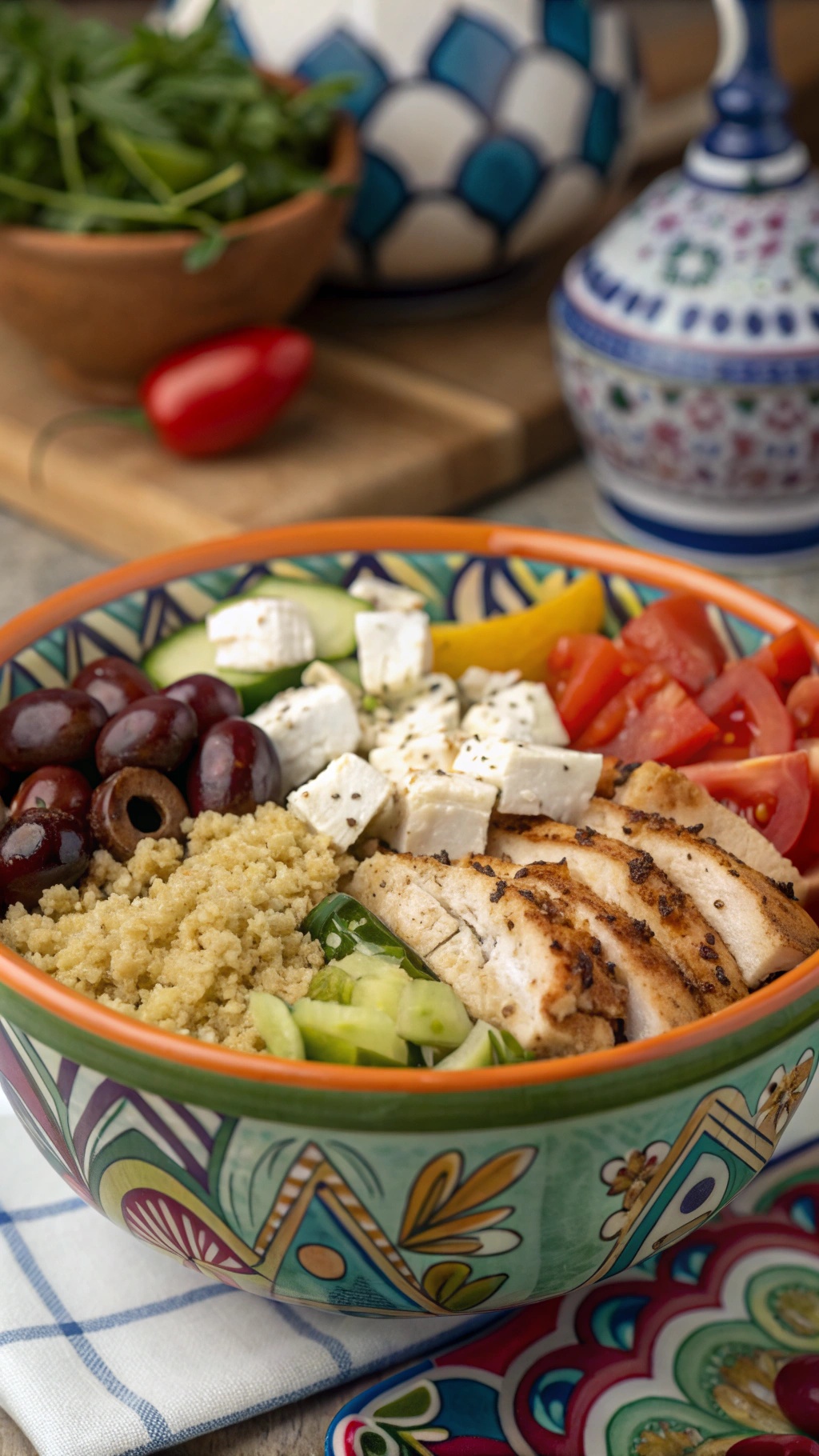 A colorful Greek chicken bowl with grilled chicken, quinoa, cucumbers, tomatoes, olives, and feta cheese.