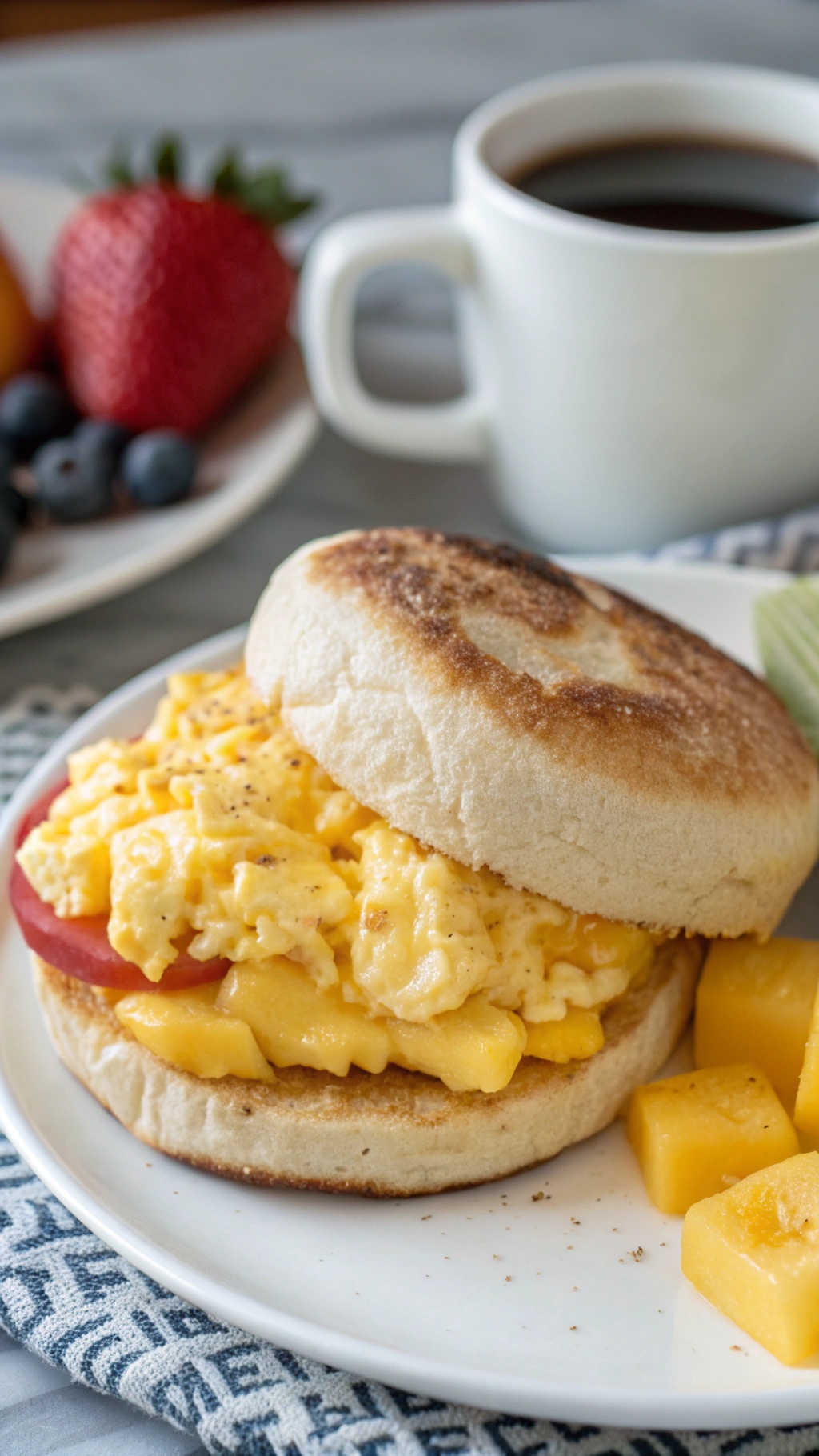 A delicious egg and cheese breakfast sandwich on a plate with fruit and coffee.