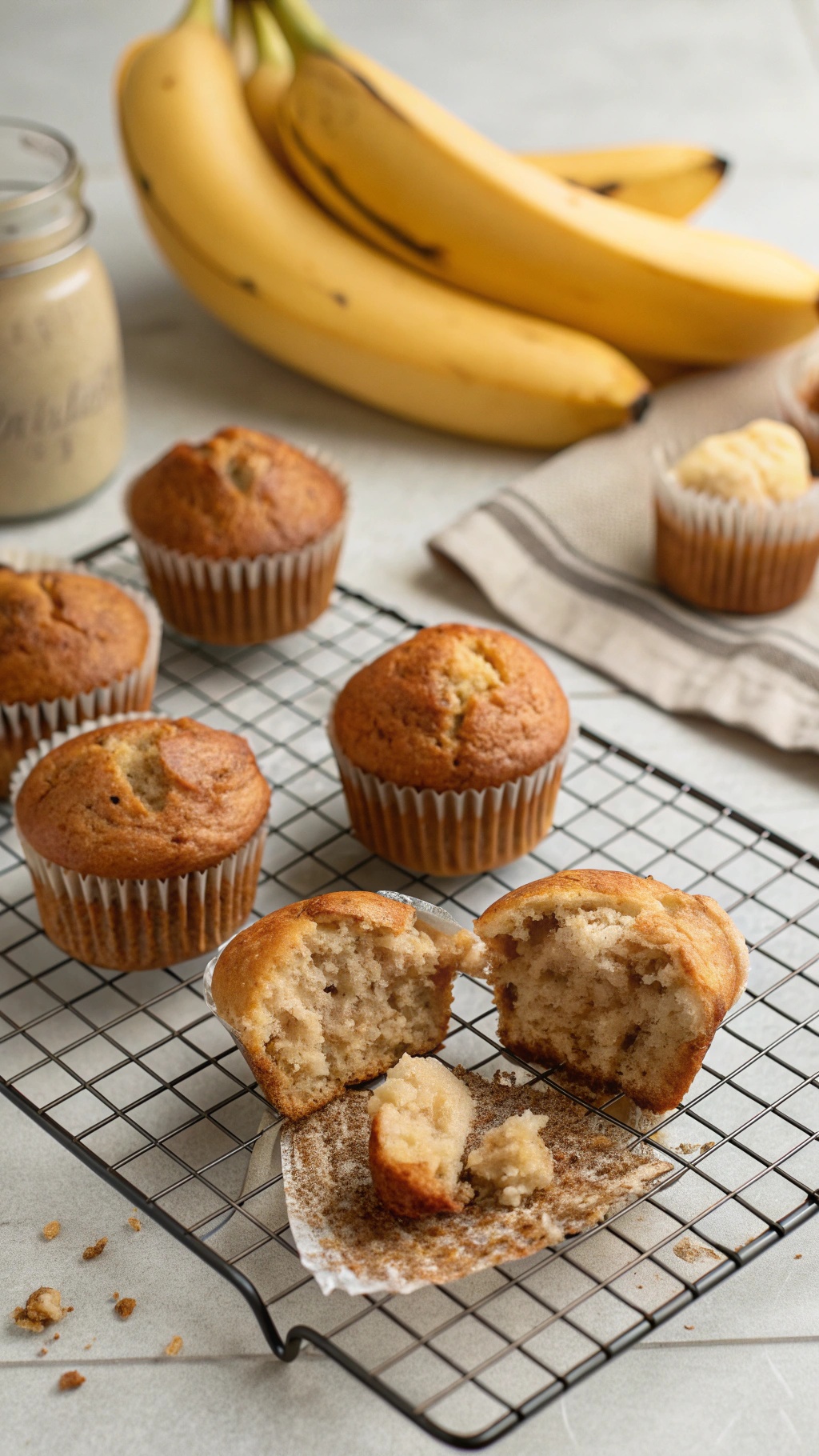 Freshly baked banana muffins on a cooling rack with ripe bananas in the background.