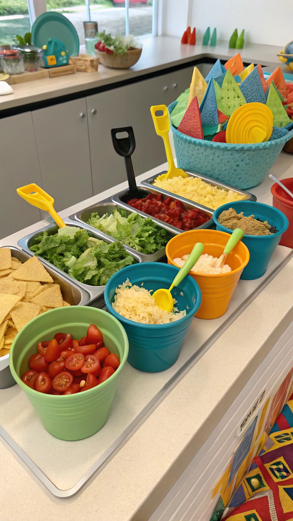 A colorful taco salad bar with various toppings in bowls, including lettuce, tomatoes, cheese, and tortilla chips.