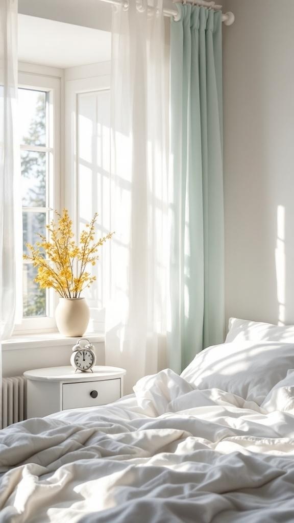 A cozy bedroom with soft curtains, a vase of yellow flowers, and a clock on the nightstand.