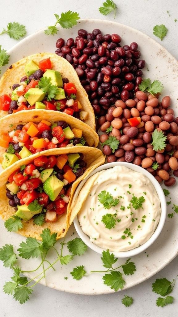 Colorful bean tacos with fresh veggies and creamy dip on a plate.