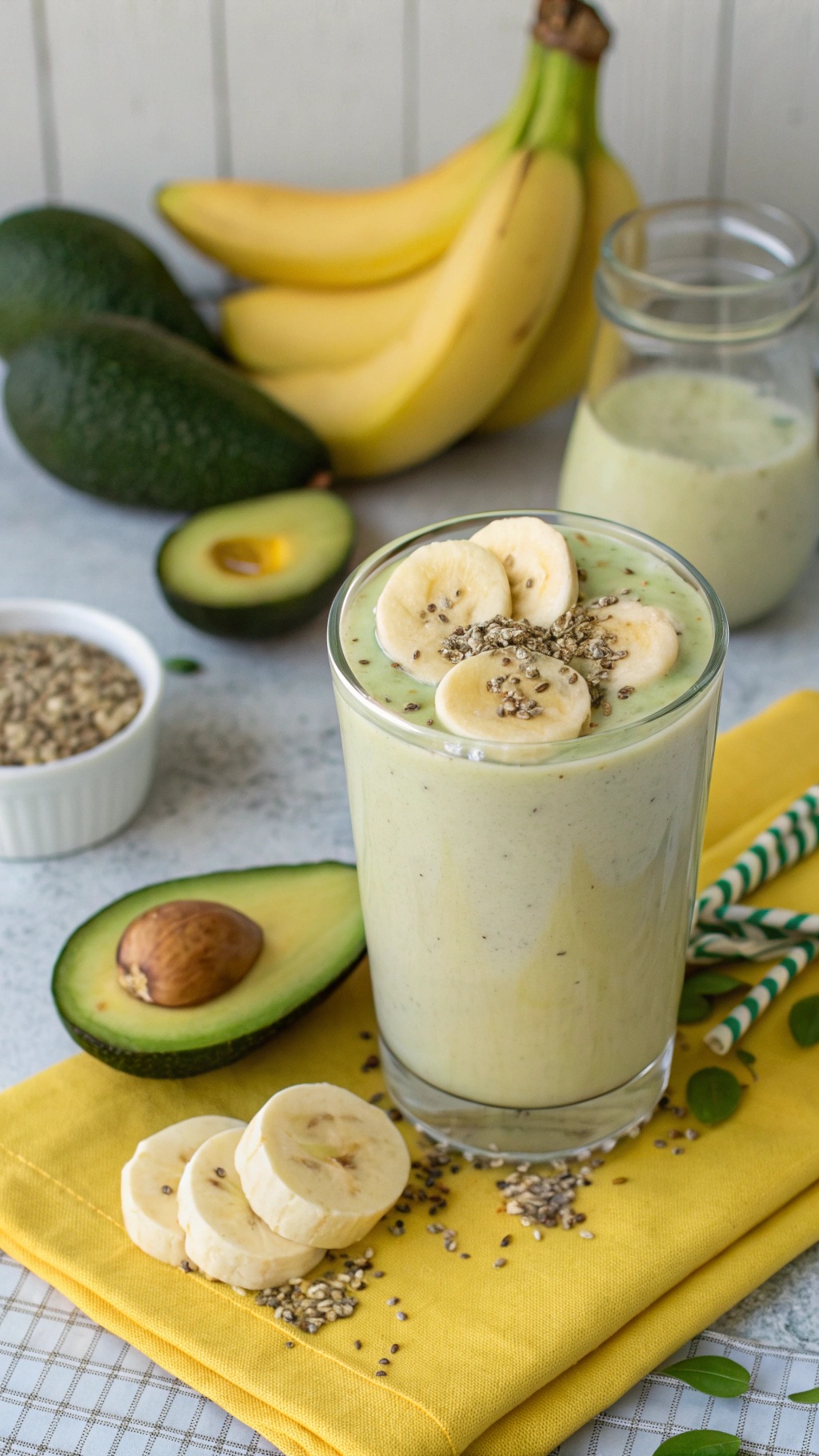 A refreshing banana and avocado smoothie in a glass, topped with banana slices and chia seeds, with fresh bananas and avocados in the background.