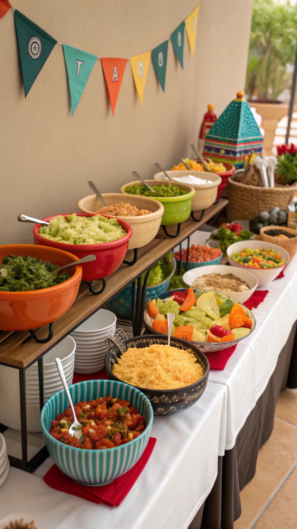 A colorful taco salad bar with various toppings in bowls, decorated with a 'TACO' banner.