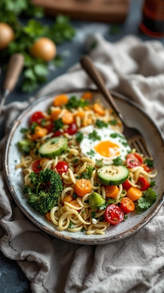 A plate of colorful noodles topped with vegetables and an egg, showcasing creative leftover use.