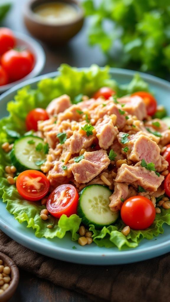 A colorful salad with canned tuna, cherry tomatoes, cucumber, and lettuce.