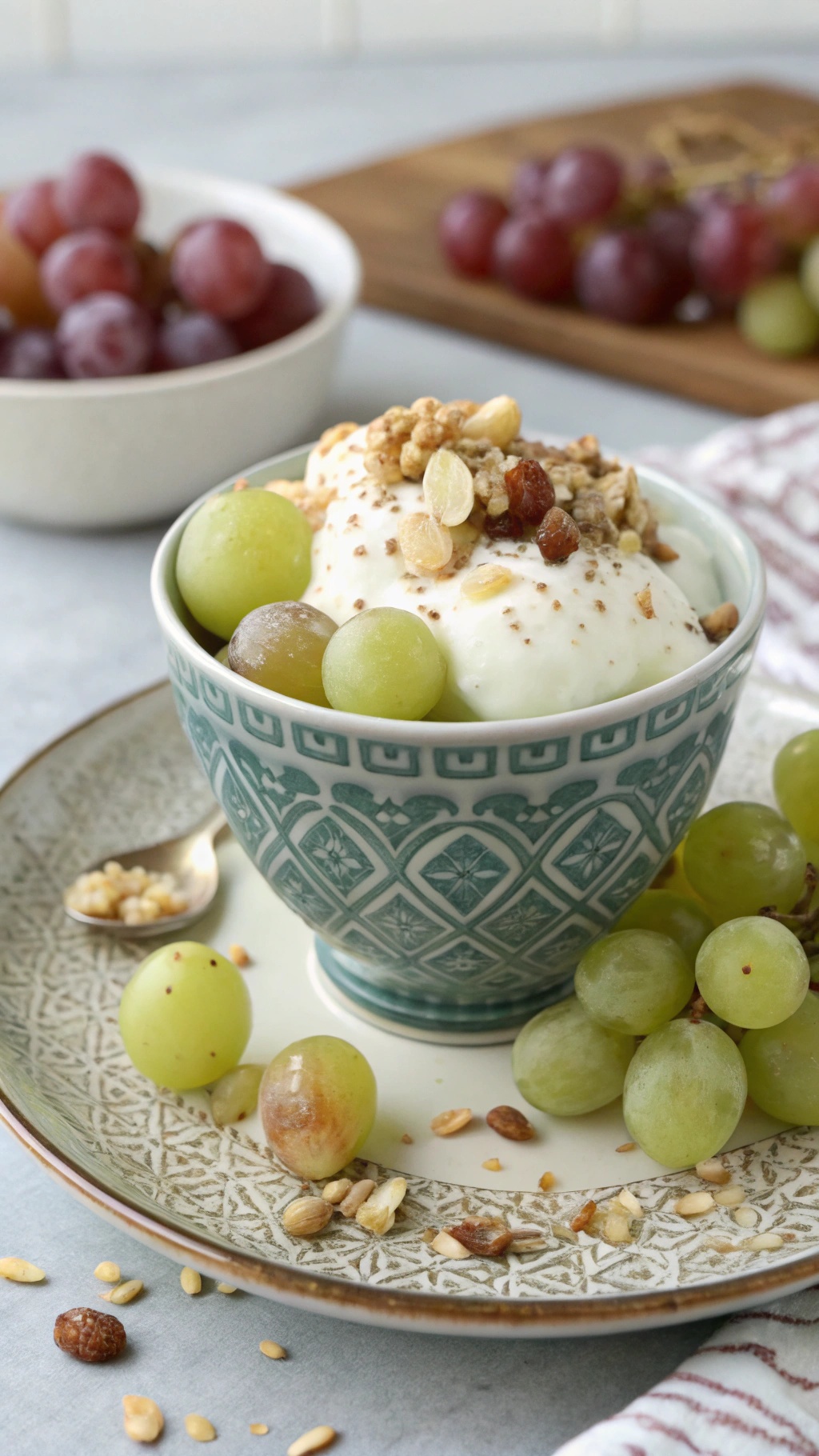 A bowl of yogurt topped with frozen grapes and granola, with fresh grapes in the background.