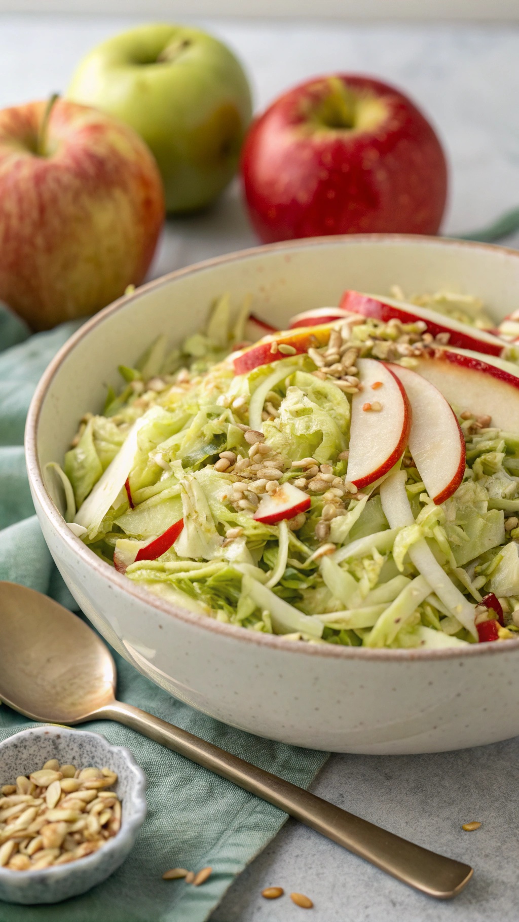 A bowl of cabbage and apple slaw with sliced apples and sunflower seeds, surrounded by fresh apples.