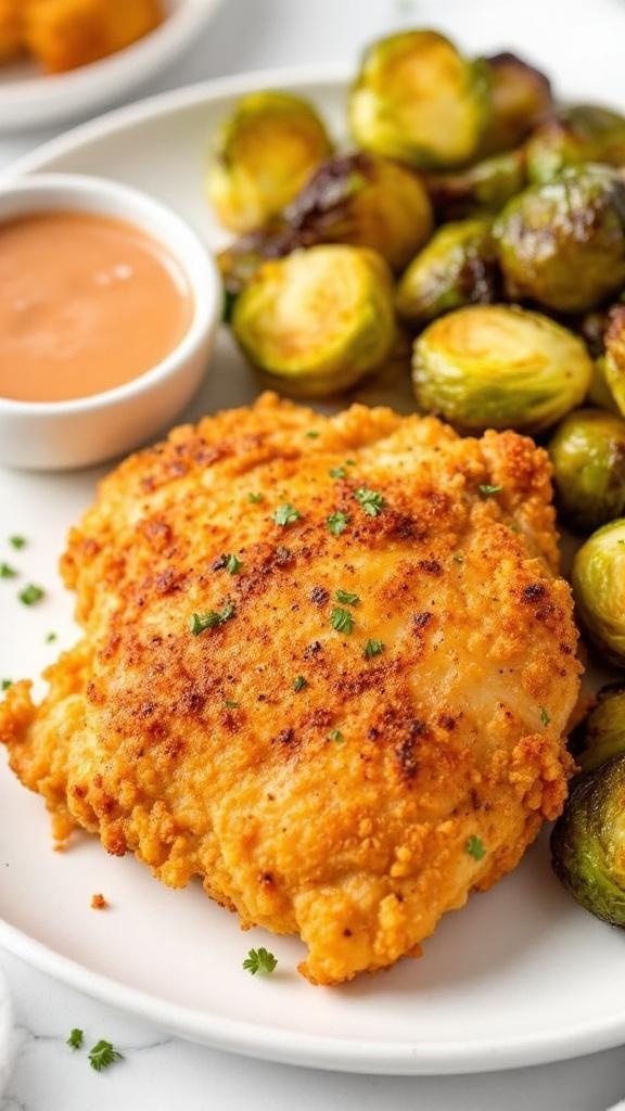 Crispy air fryer chicken thighs served with Brussels sprouts and dipping sauce