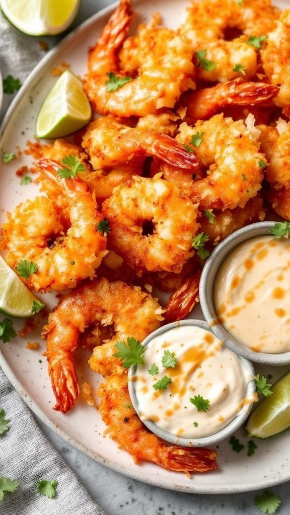 Crispy air fryer coconut shrimp served with dipping sauces and lime wedges