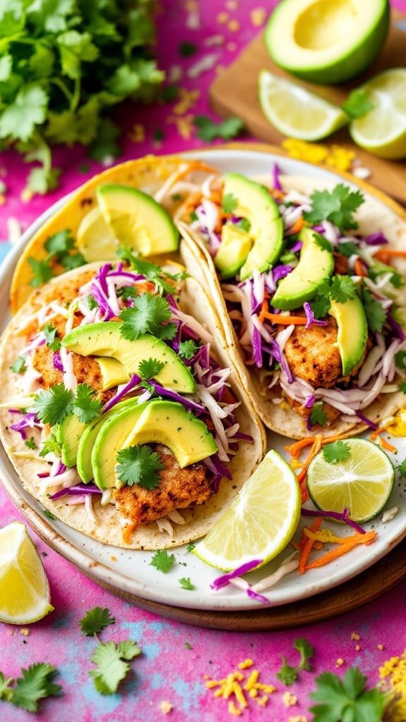 Crispy air fryer fish tacos with cabbage slaw and avocado slices on a colorful plate.