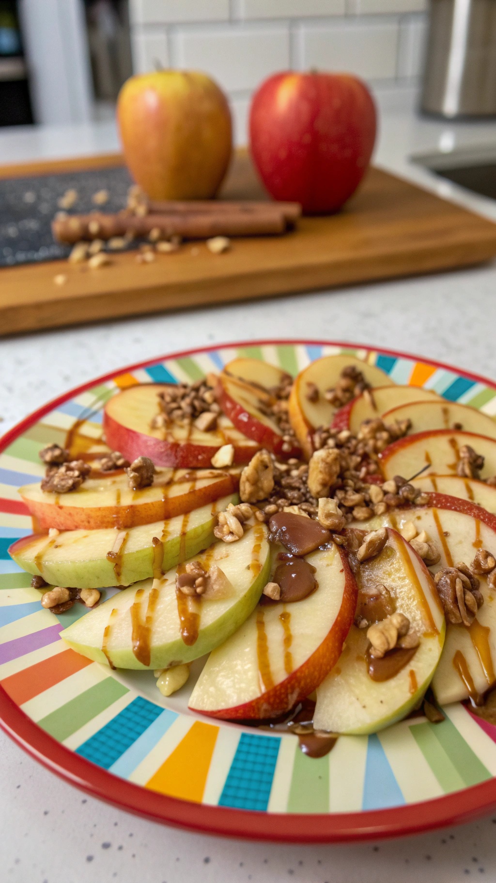 A colorful plate of crispy apple cinnamon nachos topped with caramel sauce and nuts.