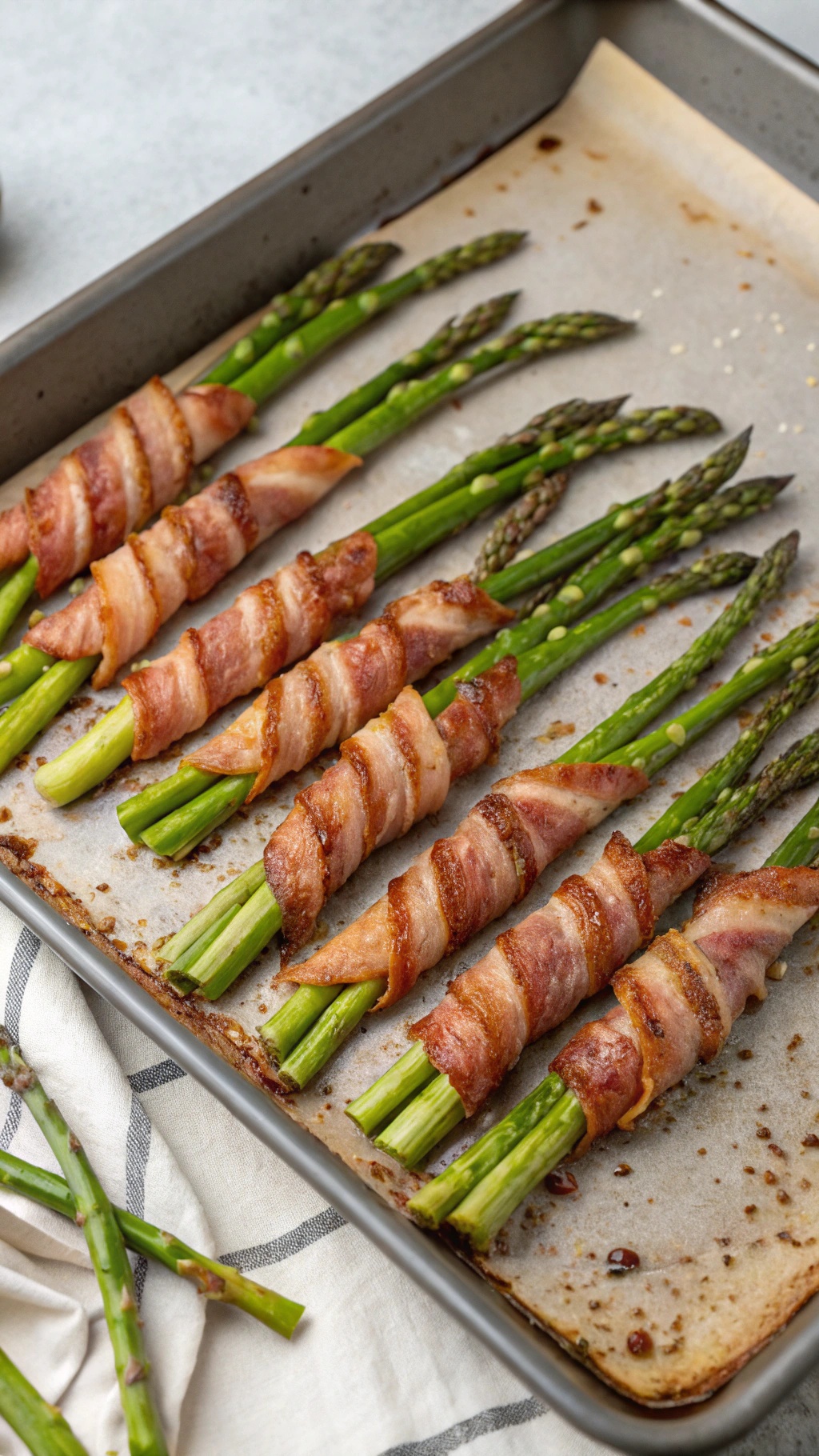 Crispy bacon-wrapped asparagus on a baking sheet