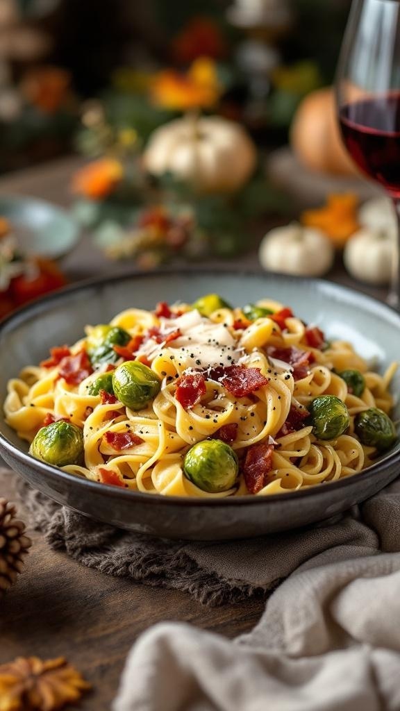 A bowl of pasta with crispy bacon and Brussels sprouts, garnished with Parmesan cheese.