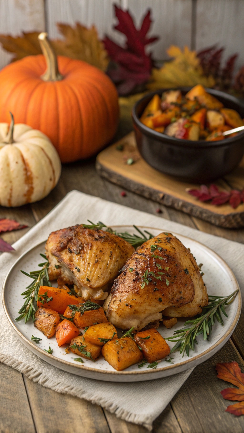 Crispy baked chicken thighs served with roasted vegetables and autumn decorations.