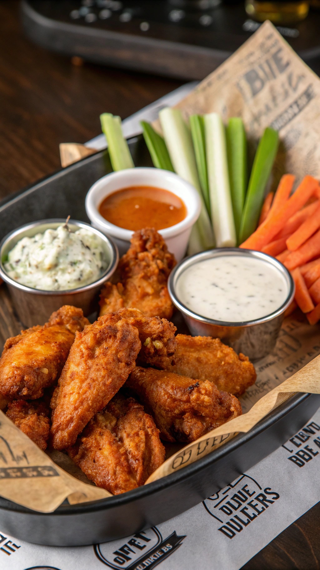 A plate of crispy baked chicken wings served with dipping sauces and fresh vegetables.