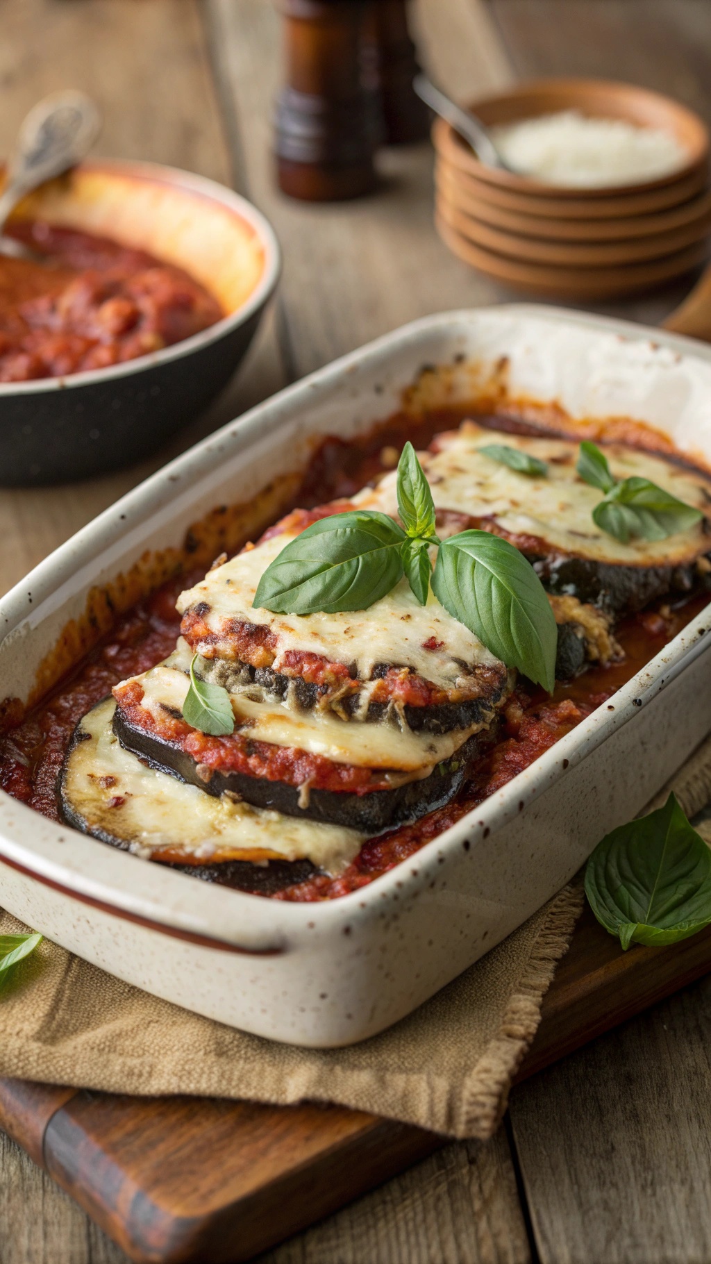 A dish of crispy baked eggplant parmesan with marinara sauce and melted cheese, garnished with fresh basil.