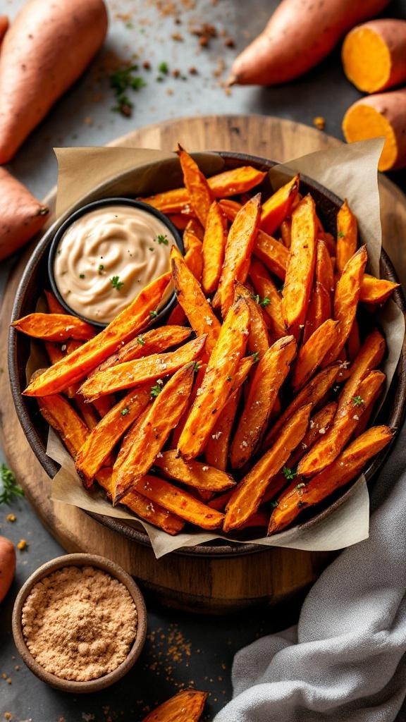 A bowl of crispy baked sweet potato fries served with a creamy dip and garnished with herbs.
