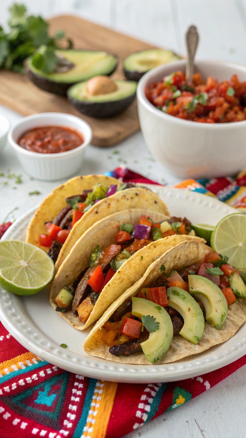 Crispy baked veggie tacos with toppings and condiments on a colorful tablecloth