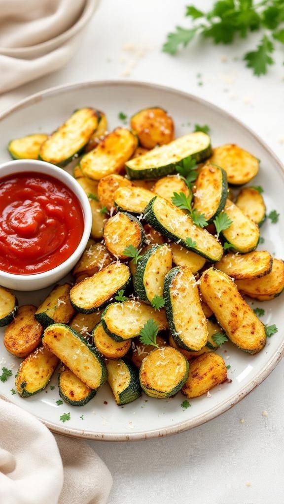 A plate of crispy baked zucchini fries served with marinara sauce.