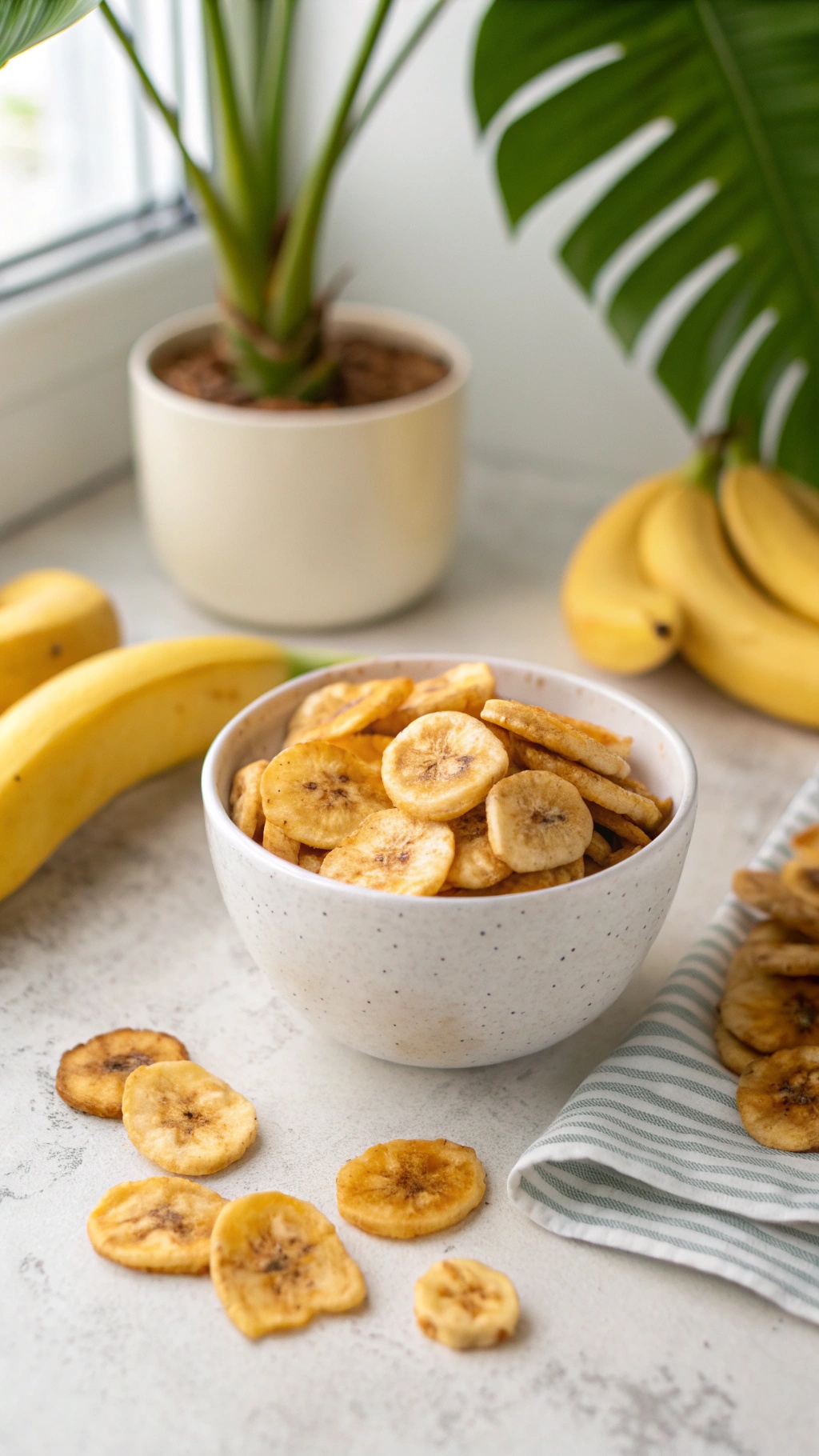 A bowl of crispy banana chips with fresh bananas in the background