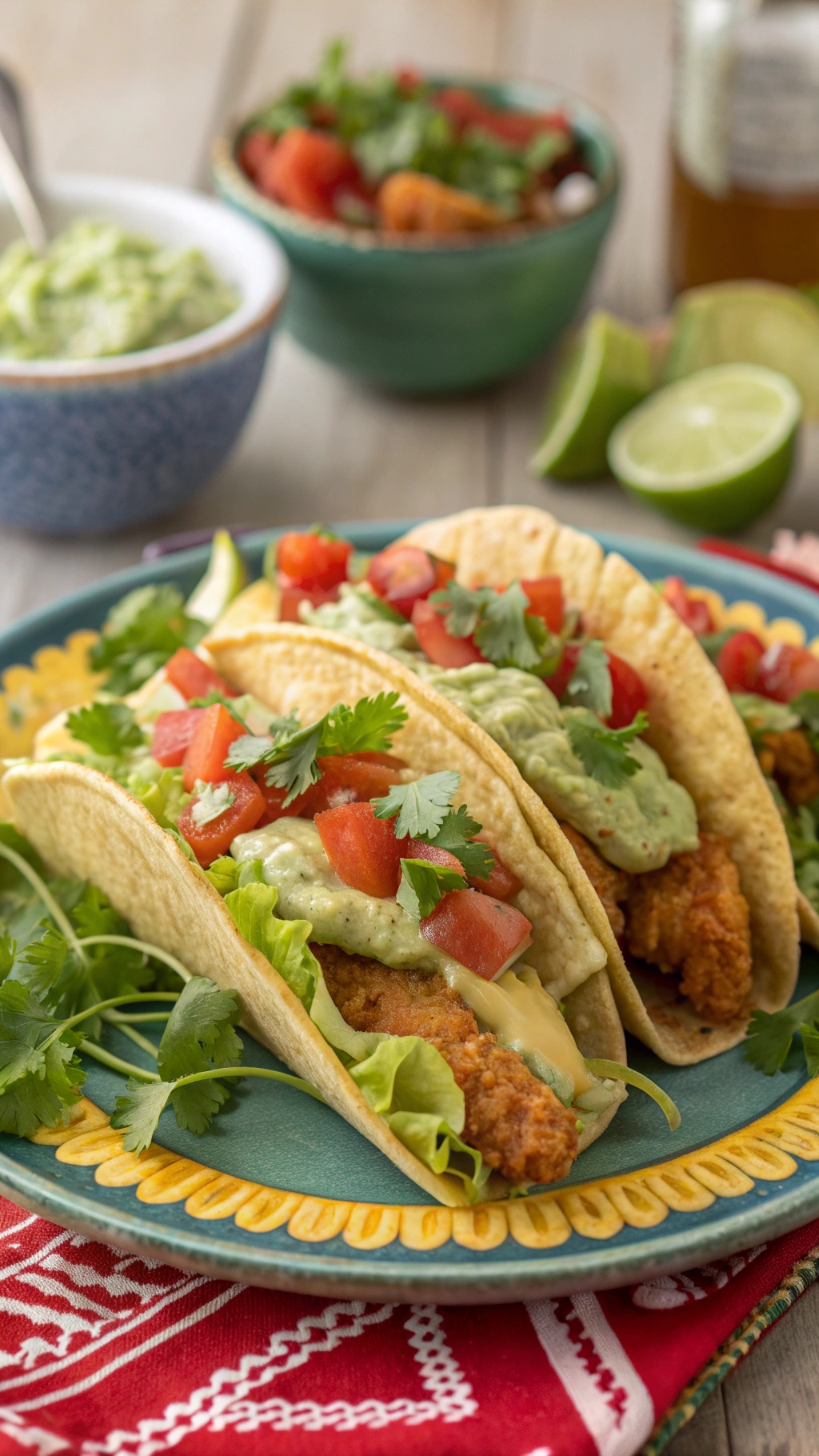 Crispy chicken tacos topped with avocado crema, tomatoes, and cilantro on a colorful plate.