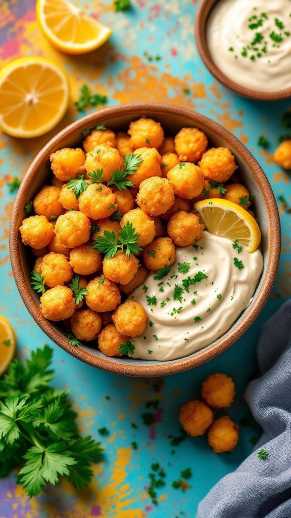 A bowl of crispy chickpea bites with a tahini dip, garnished with parsley and lemon slices.