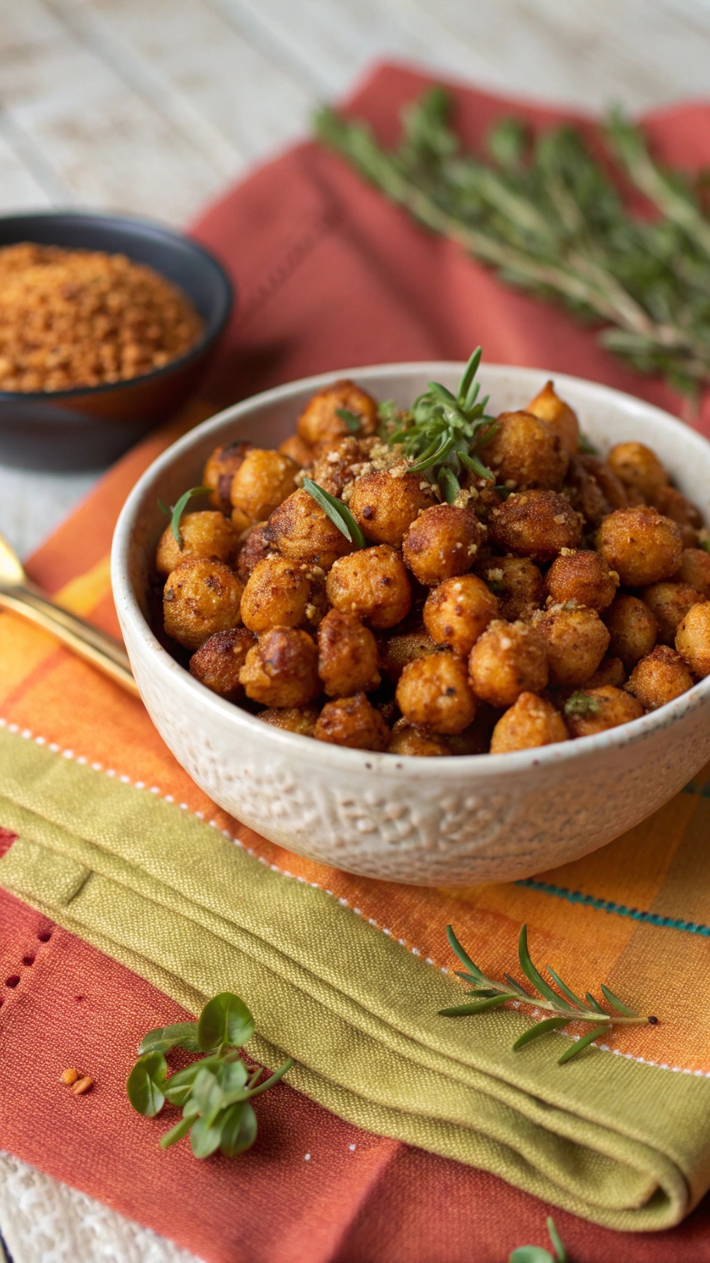 A bowl of crispy chickpeas garnished with herbs, sitting on colorful napkins.